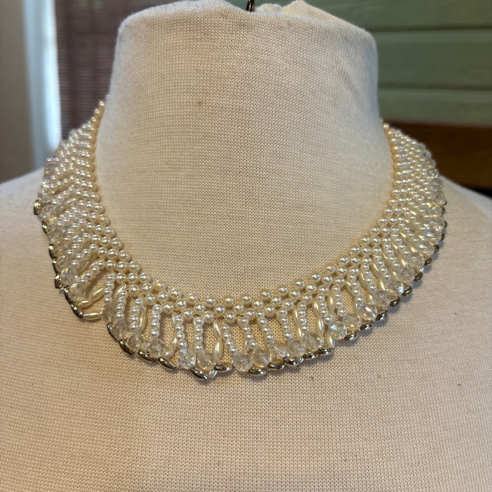 Vintage Faux Pearl Bib Necklace White Clear Beaded Multi Strand Choker Gold Tone